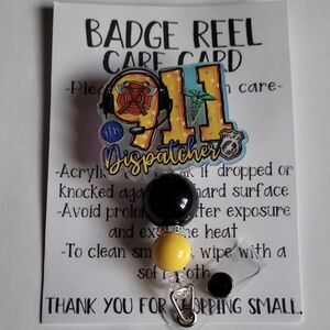 Hand Crafted 911 Dispatcher Badge Reel - Black, Yellow, Blue